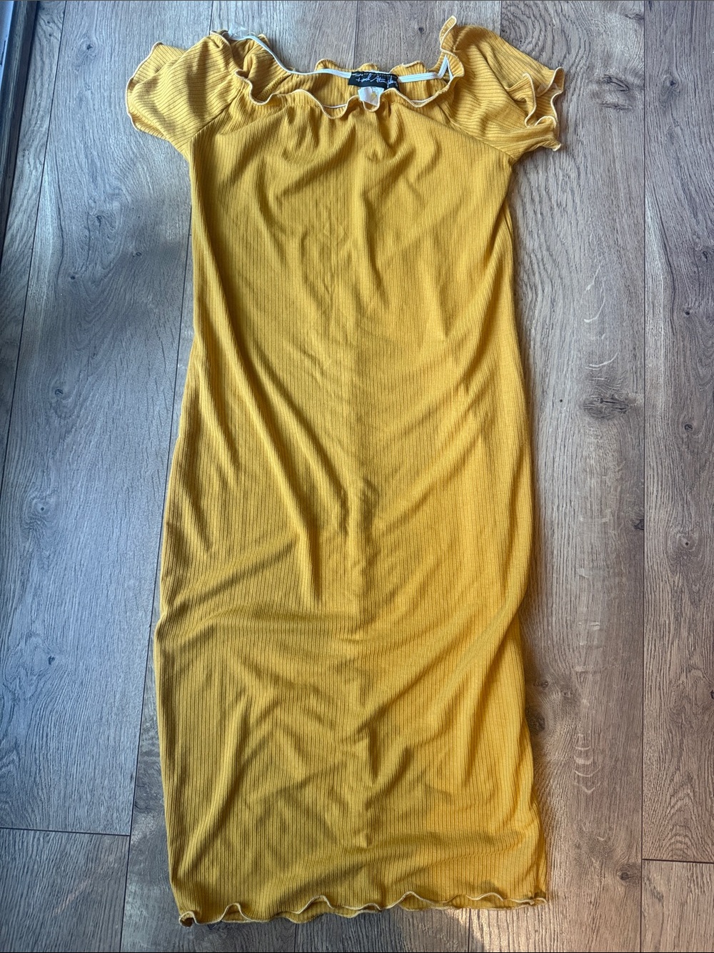 Truly Madly Deeply Mustard Ribbed Maxi Dress with Ruffle Neckline